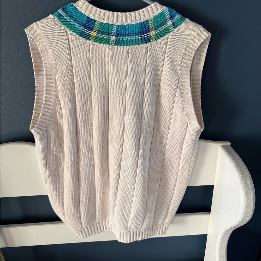 EP Pro Golf Sweater Vest L Cream V-Neck Plaid Trim Sleeveless Knit Top Large - Picture 9 of 10